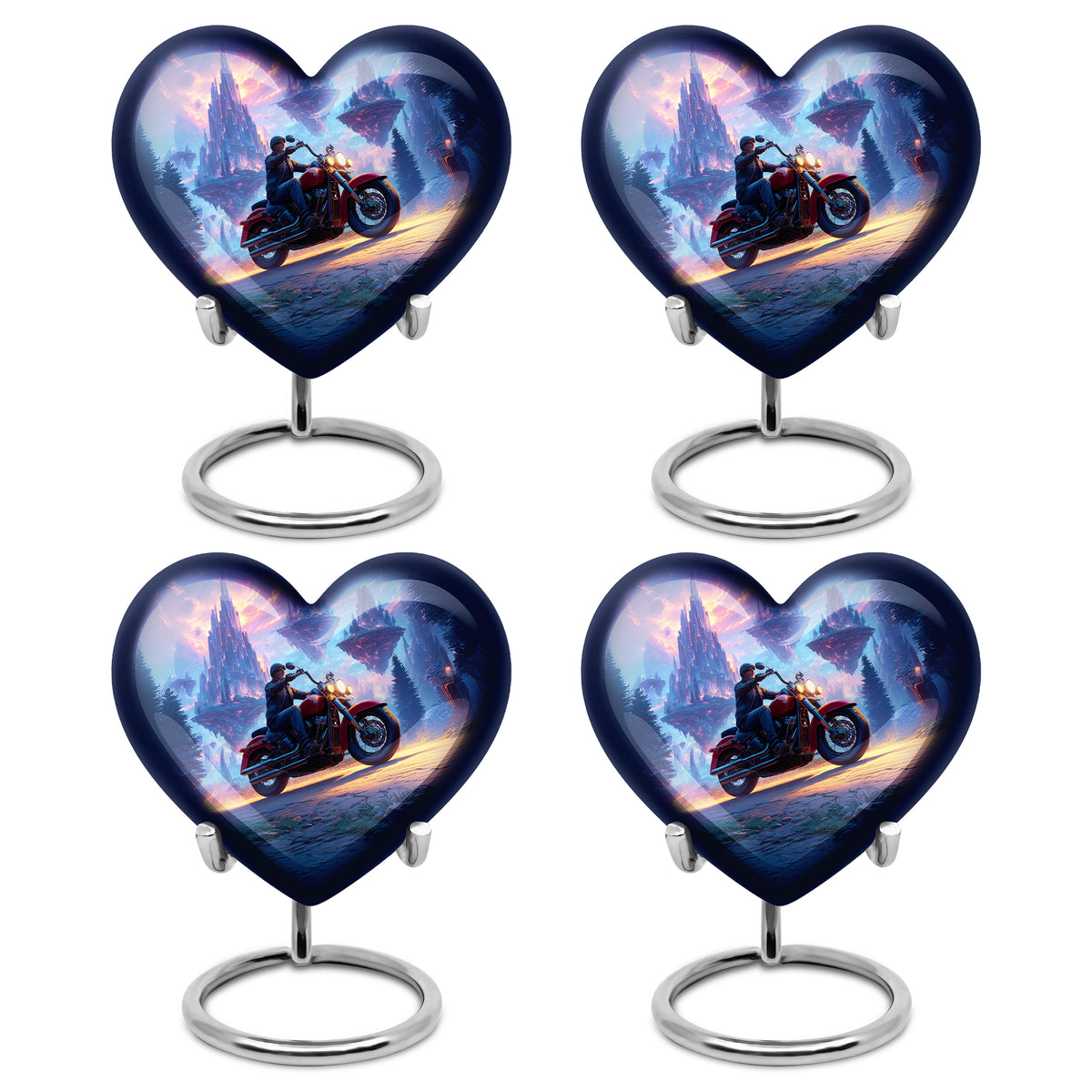 Bright Blue Bike Cremation Urn angled view of lid and engraved motif - compassionate heart-bike combination with gentle curves - 10 inch aluminum urn for cremated remains