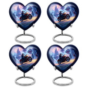 Bright Blue Bike Cremation Urn angled view of lid and engraved motif - compassionate heart-bike combination with gentle curves - 10 inch aluminum urn for cremated remains