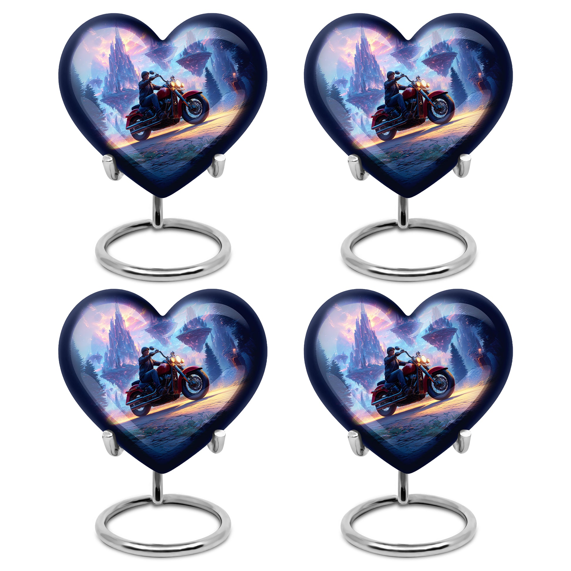 Bright Blue Bike Cremation Urn angled view of lid and engraved motif - compassionate heart-bike combination with gentle curves - 10 inch aluminum urn for cremated remains