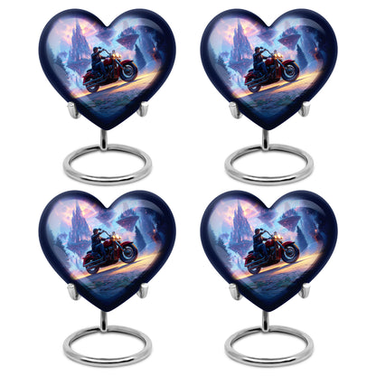 Bright Blue Bike Cremation Urn angled view of lid and engraved motif - compassionate heart-bike combination with gentle curves - 10 inch aluminum urn for cremated remains