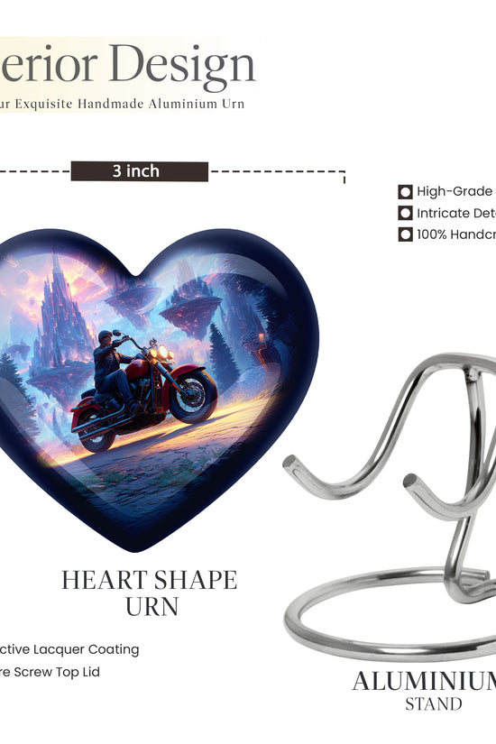 Slate Blue Bike Cremation Urn front view showing detailed design - loving heart memorial featuring bike pattern - mini keepsake memorial for portion of cremation ashes
