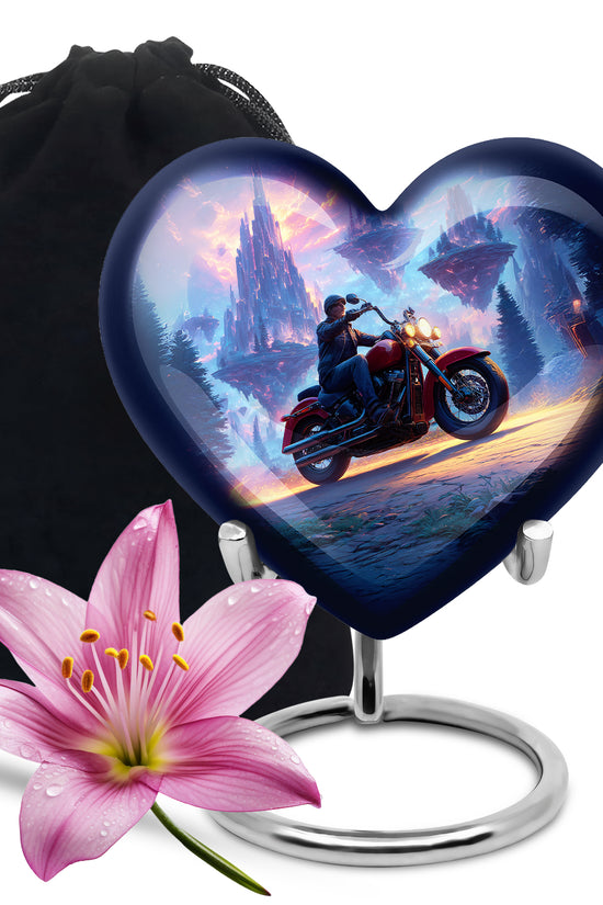 Slate Blue Bike Cremation Urn detail view - loving heart memorial featuring bike pattern - full-size 10 inch 200 cubic inch adult cremation urn