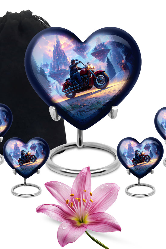 Pastel Blue Bike Cremation Urn close-up of engraving and surface detail - loving heart memorial featuring bike pattern - memorial set with one large and four small urns