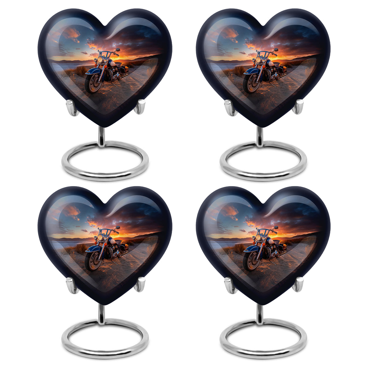 Dark Black Bike Cremation Urn angled view of lid and engraved motif - compassionate heart-bike combination with gentle curves - 10 inch aluminum urn for cremated remains
