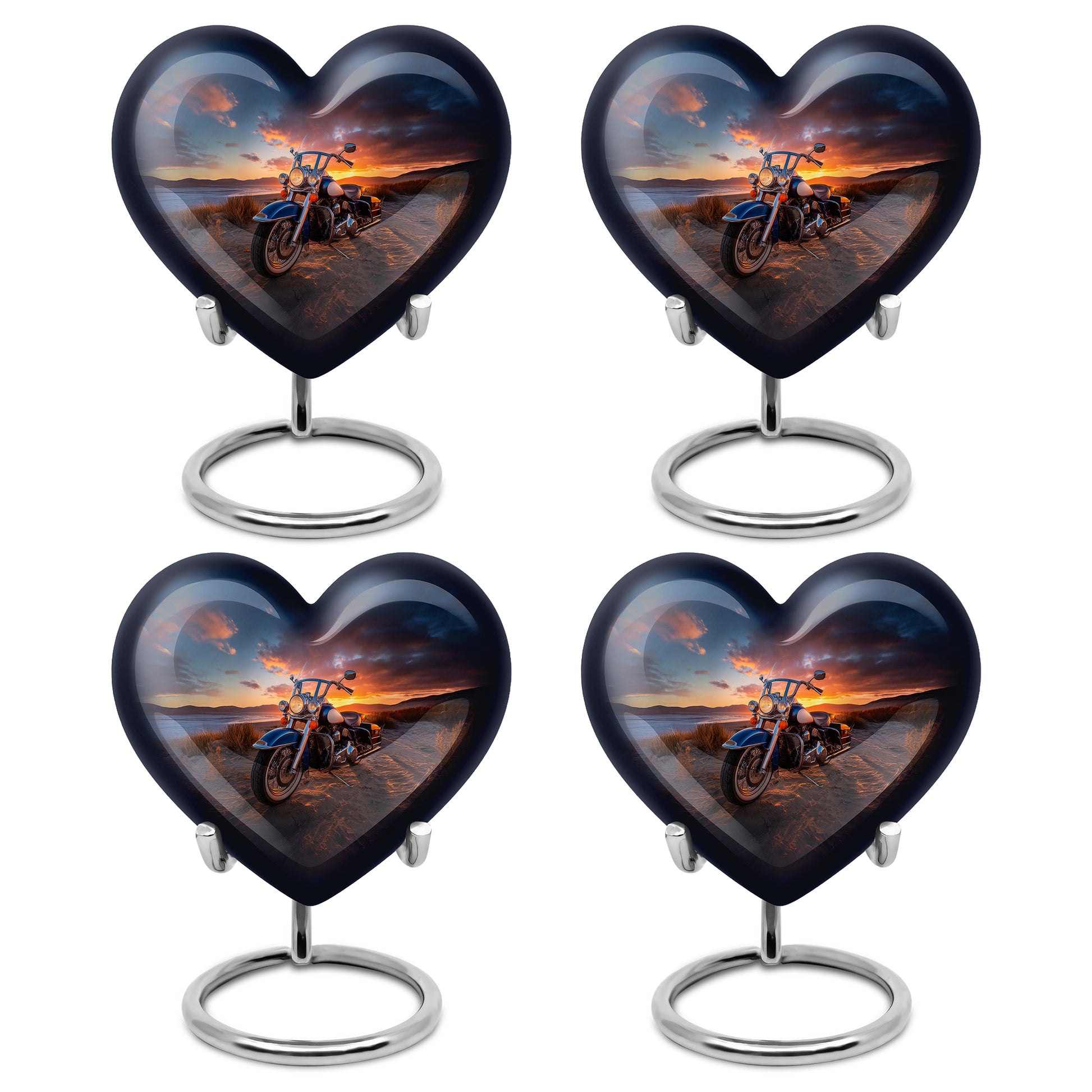 Dark Black Bike Cremation Urn angled view of lid and engraved motif - compassionate heart-bike combination with gentle curves - 10 inch aluminum urn for cremated remains