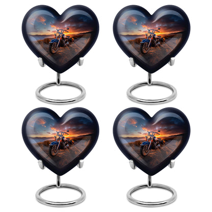 Dark Black Bike Cremation Urn angled view of lid and engraved motif - compassionate heart-bike combination with gentle curves - 10 inch aluminum urn for cremated remains
