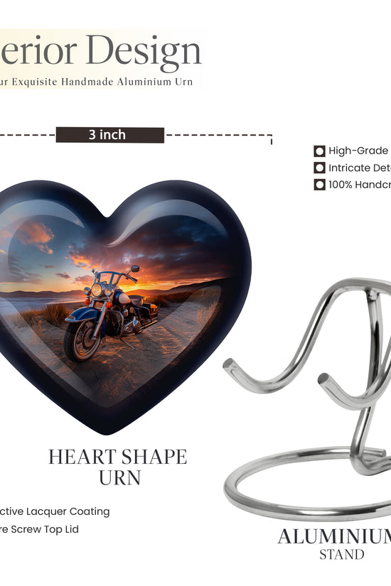 Rich Black Bike Cremation Urn front view showing detailed design - loving heart memorial featuring bike pattern - mini keepsake memorial for portion of cremation ashes