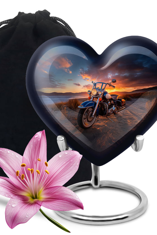 Deep Black Bike Cremation Urn detail view - loving heart memorial featuring bike pattern - full-size 10 inch 200 cubic inch adult cremation urn