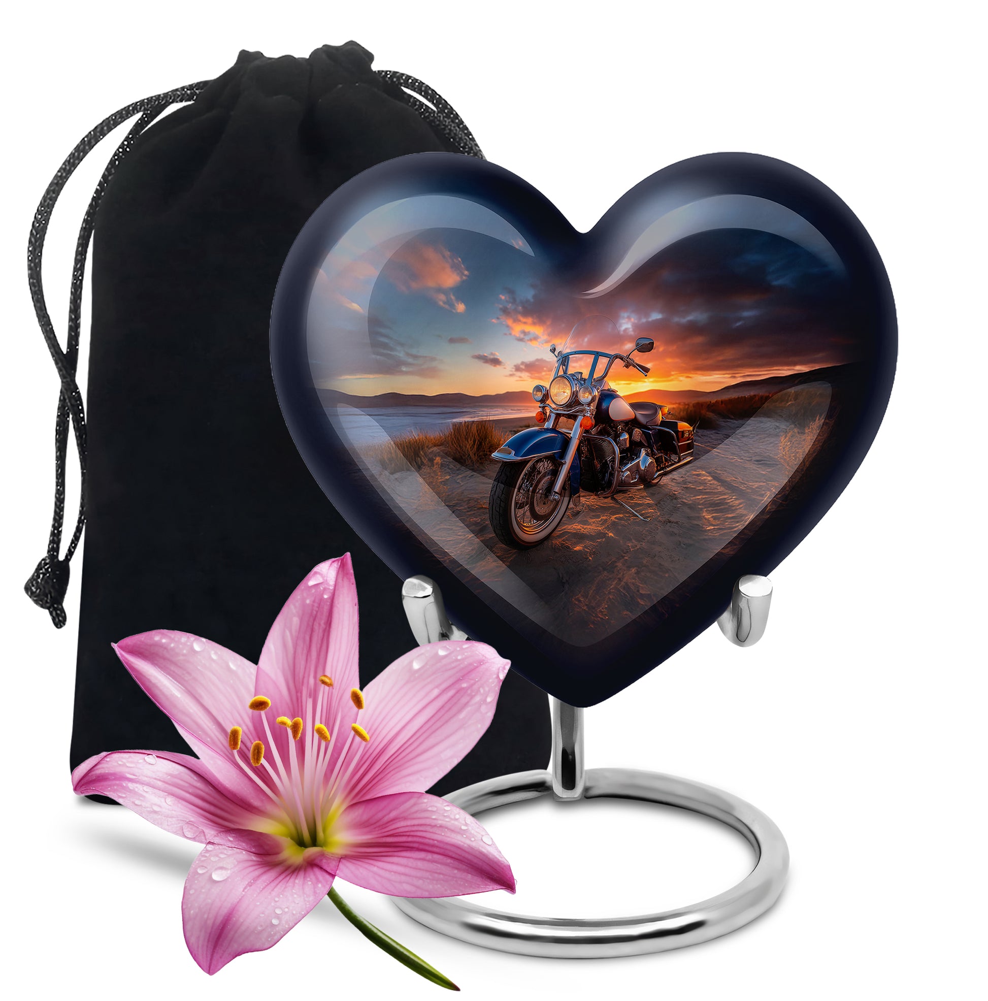 Deep Black Bike Cremation Urn detail view - loving heart memorial featuring bike pattern - full-size 10 inch 200 cubic inch adult cremation urn