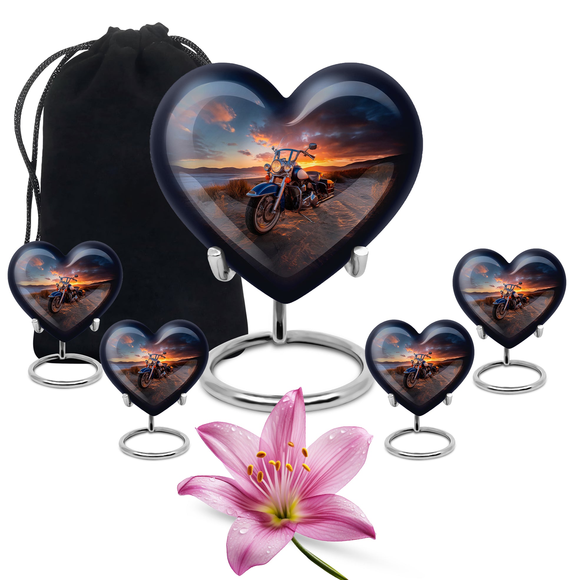 Deep Black Bike Cremation Urn close-up of engraving and surface detail - loving heart memorial featuring bike pattern - memorial set with one large and four small urns