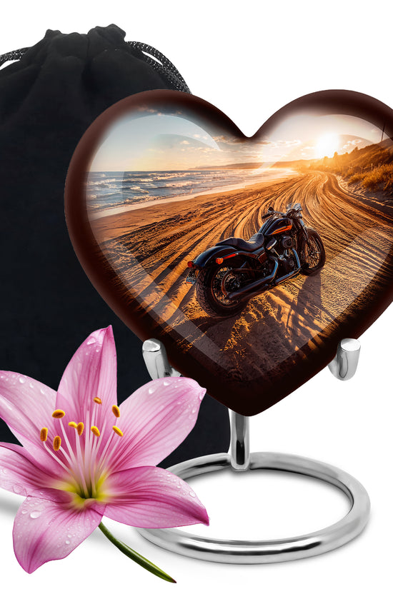 Ash Gray Bike Cremation Urn detail view - compassionate heart-bike combination with gentle curves - full-size 10 inch 200 cubic inch adult cremation urn