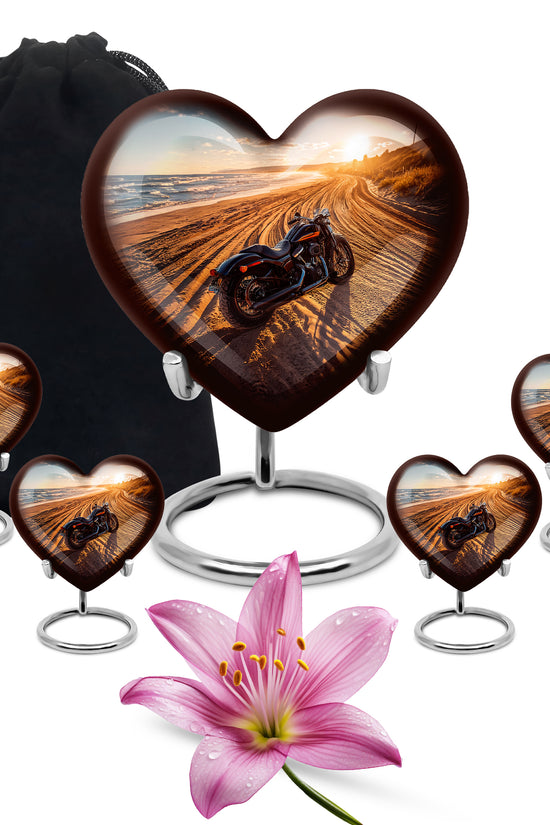 Pewter Gray Bike Cremation Urn close-up of engraving and surface detail - loving heart memorial featuring bike pattern - memorial set with one large and four small urns