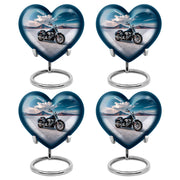 Sapphire Blue Bike Cremation Urn angled view of lid and engraved motif - compassionate heart-bike combination with gentle curves - 10 inch aluminum urn for cremated remains