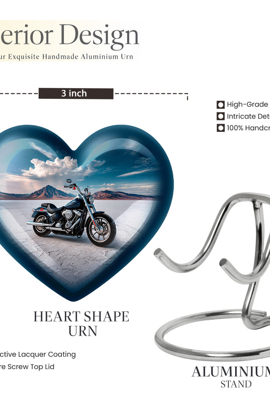 Azure Bike Cremation Urn front view showing detailed design - heart-shaped bike design symbolizing eternal love - mini keepsake memorial for portion of cremation ashes