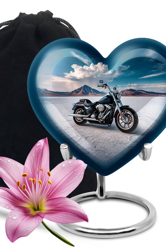 Bright Blue Bike Cremation Urn detail view - romantic heart urn with bike motif on aluminum - full-size 10 inch 200 cubic inch adult cremation urn