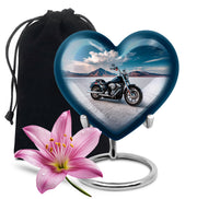Bright Blue Bike Cremation Urn detail view - romantic heart urn with bike motif on aluminum - full-size 10 inch 200 cubic inch adult cremation urn