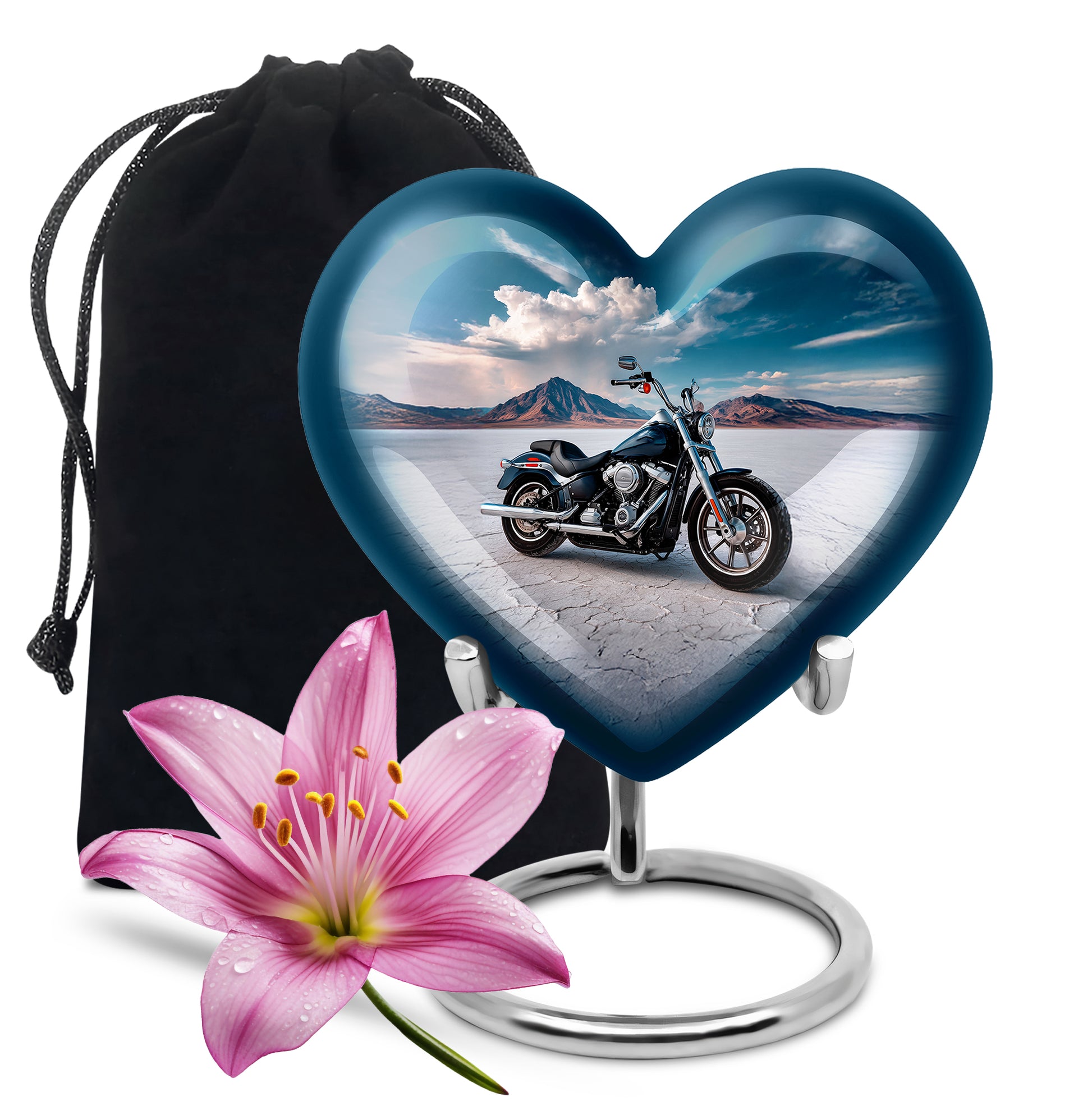 Bright Blue Bike Cremation Urn detail view - romantic heart urn with bike motif on aluminum - full-size 10 inch 200 cubic inch adult cremation urn