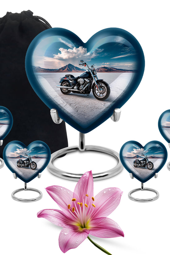 Dusty Blue Bike Cremation Urn close-up of engraving and surface detail - loving heart memorial featuring bike pattern - memorial set with one large and four small urns