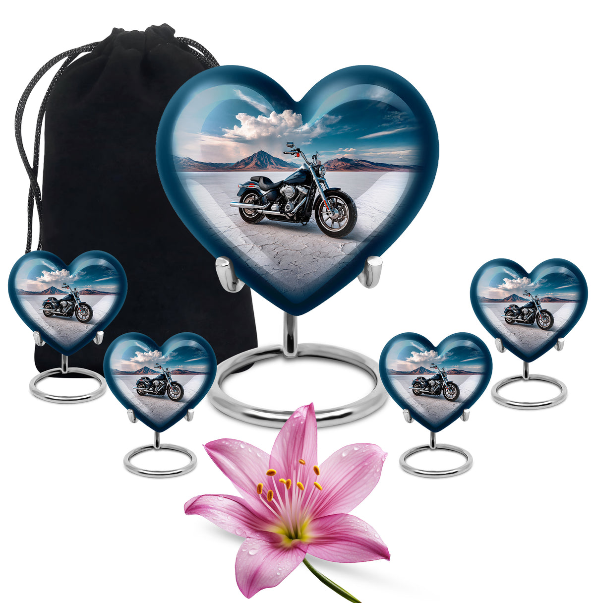 Dusty Blue Bike Cremation Urn close-up of engraving and surface detail - loving heart memorial featuring bike pattern - memorial set with one large and four small urns