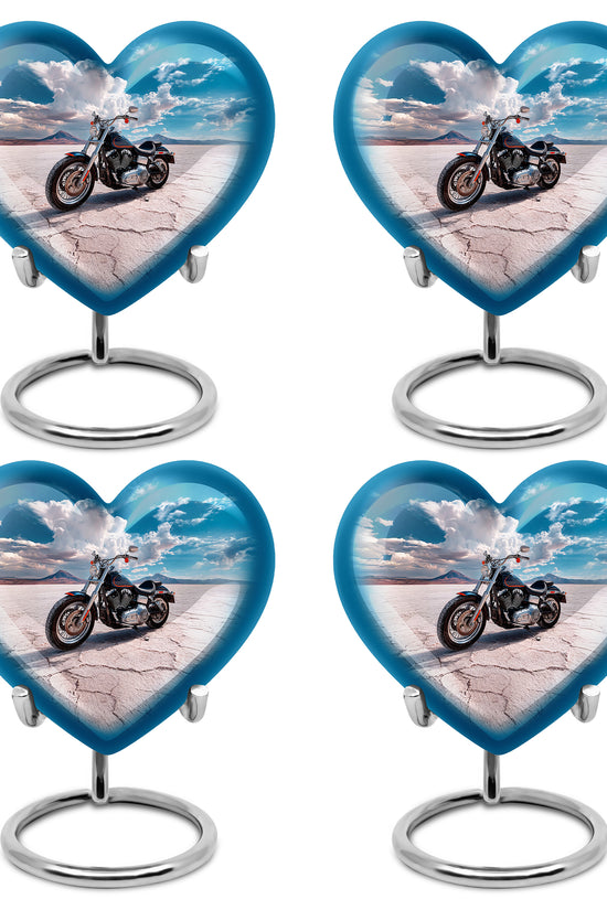 Misty Blue Bike Cremation Urn angled view of lid and engraved motif - loving heart memorial featuring bike pattern - 10 inch aluminum urn for cremated remains