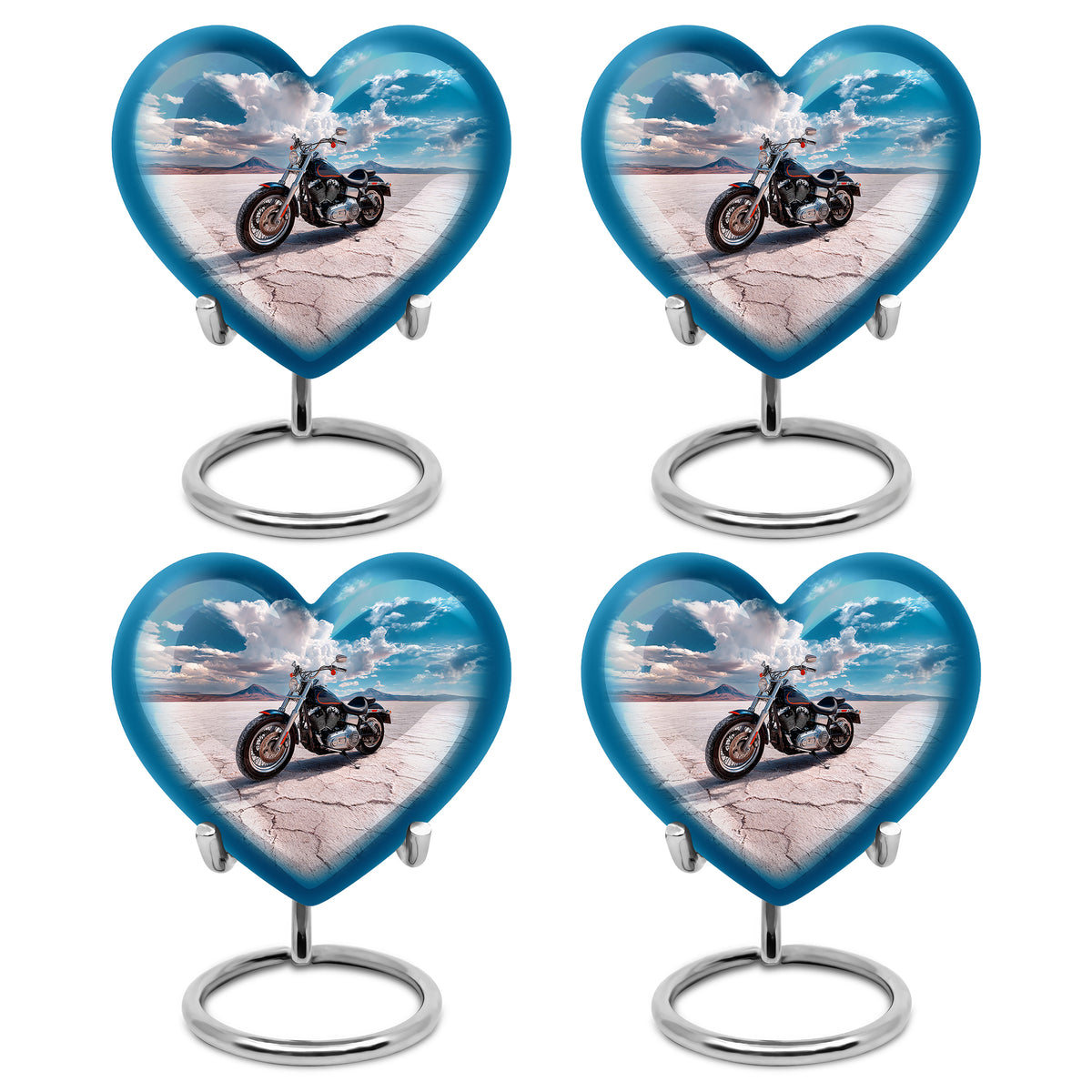 Misty Blue Bike Cremation Urn angled view of lid and engraved motif - loving heart memorial featuring bike pattern - 10 inch aluminum urn for cremated remains