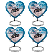 Misty Blue Bike Cremation Urn angled view of lid and engraved motif - loving heart memorial featuring bike pattern - 10 inch aluminum urn for cremated remains