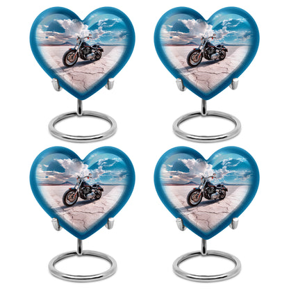 Misty Blue Bike Cremation Urn angled view of lid and engraved motif - loving heart memorial featuring bike pattern - 10 inch aluminum urn for cremated remains