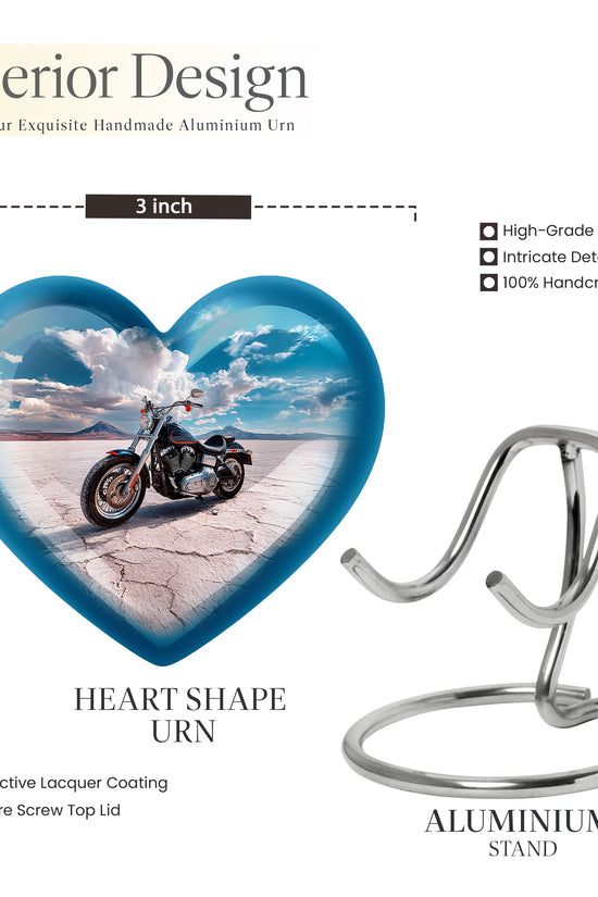 Soft Blue Bike Cremation Urn front view showing detailed design - compassionate heart-bike combination with gentle curves - mini keepsake memorial for portion of cremation ashes