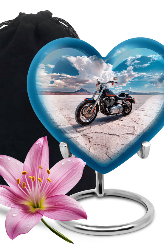 Bright Blue Bike Cremation Urn detail view - romantic heart urn with bike motif on aluminum - full-size 10 inch 200 cubic inch adult cremation urn