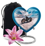Bright Blue Bike Cremation Urn detail view - romantic heart urn with bike motif on aluminum - full-size 10 inch 200 cubic inch adult cremation urn