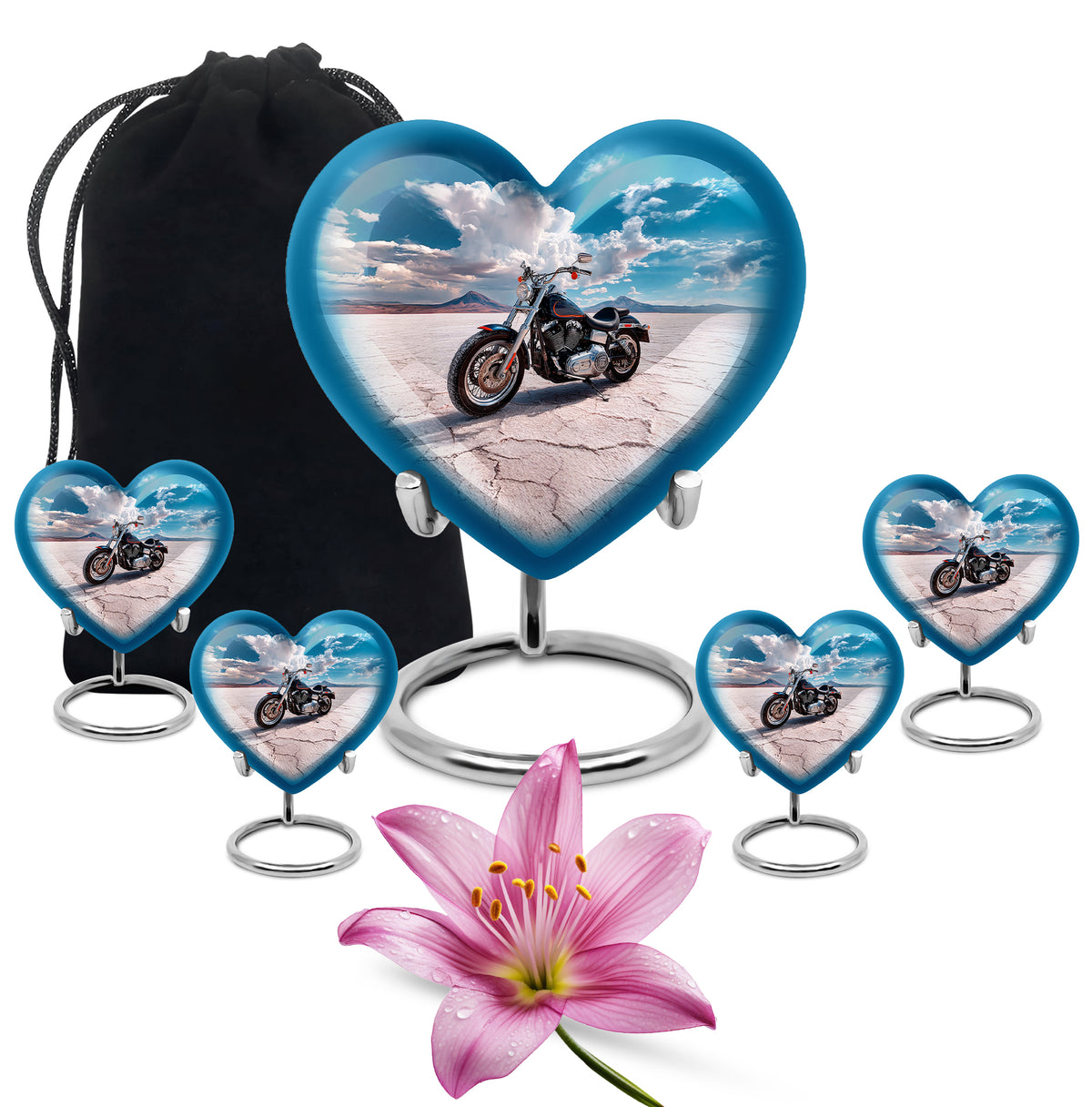 Sapphire Blue Bike Cremation Urn close-up of engraving and surface detail - compassionate heart-bike combination with gentle curves - memorial set with one large and four small urns