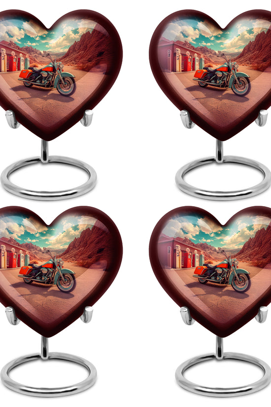 Ocean Teal Bike Cremation Urn angled view of lid and engraved motif - heart-shaped bike design symbolizing eternal love - 10 inch aluminum urn for cremated remains