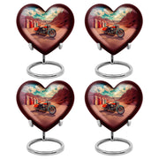 Ocean Teal Bike Cremation Urn angled view of lid and engraved motif - heart-shaped bike design symbolizing eternal love - 10 inch aluminum urn for cremated remains