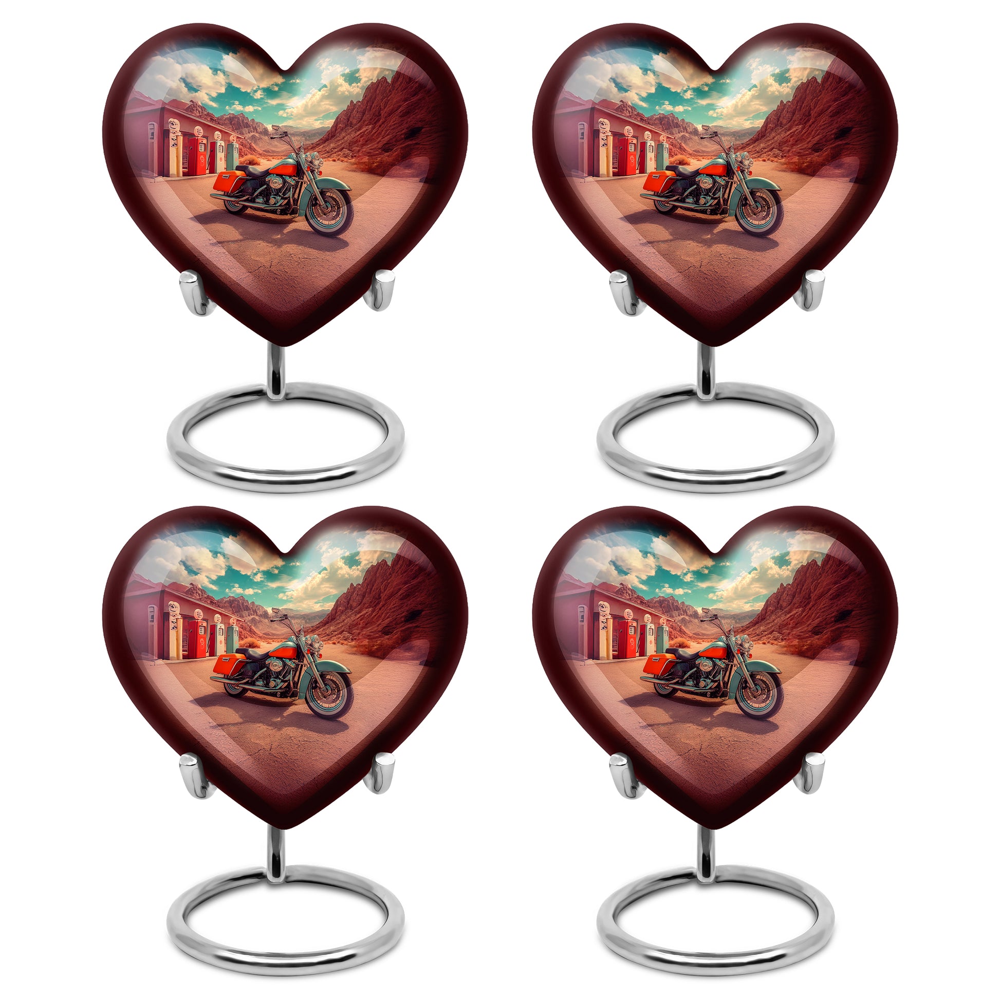 Ocean Teal Bike Cremation Urn angled view of lid and engraved motif - heart-shaped bike design symbolizing eternal love - 10 inch aluminum urn for cremated remains