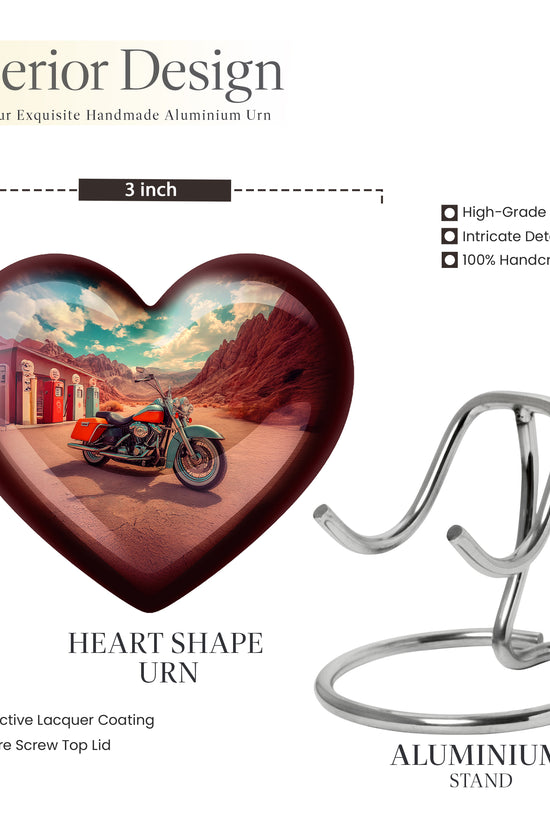 Sea Green Teal Bike Cremation Urn front view showing detailed design - loving heart memorial featuring bike pattern - mini keepsake memorial for portion of cremation ashes