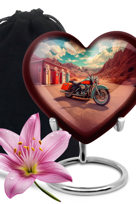 Soft Teal Bike Cremation Urn detail view - loving heart memorial featuring bike pattern - full-size 10 inch 200 cubic inch adult cremation urn