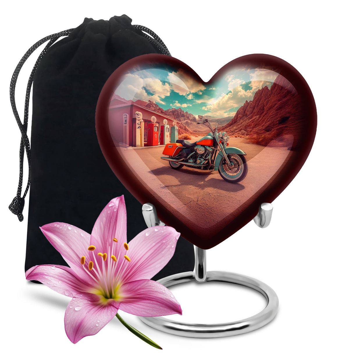 Soft Teal Bike Cremation Urn detail view - loving heart memorial featuring bike pattern - full-size 10 inch 200 cubic inch adult cremation urn