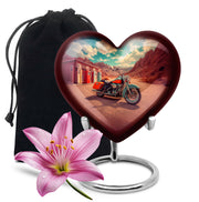 Soft Teal Bike Cremation Urn detail view - loving heart memorial featuring bike pattern - full-size 10 inch 200 cubic inch adult cremation urn