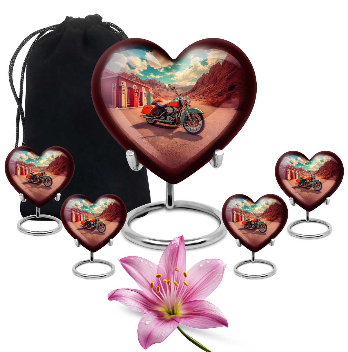 Aqua Teal Bike Cremation Urn close-up of engraving and surface detail - romantic heart urn with bike motif on aluminum - memorial set with one large and four small urns