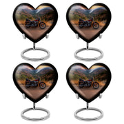Soft Blue Bike Cremation Urn angled view of lid and engraved motif - compassionate heart-bike combination with gentle curves - 10 inch aluminum urn for cremated remains