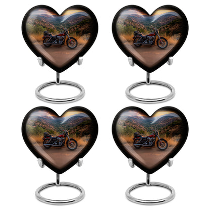 Soft Blue Bike Cremation Urn angled view of lid and engraved motif - compassionate heart-bike combination with gentle curves - 10 inch aluminum urn for cremated remains