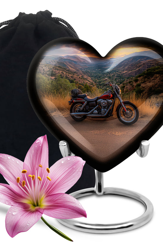 Powder Blue Bike Cremation Urn detail view - loving heart memorial featuring bike pattern - full-size 10 inch 200 cubic inch adult cremation urn
