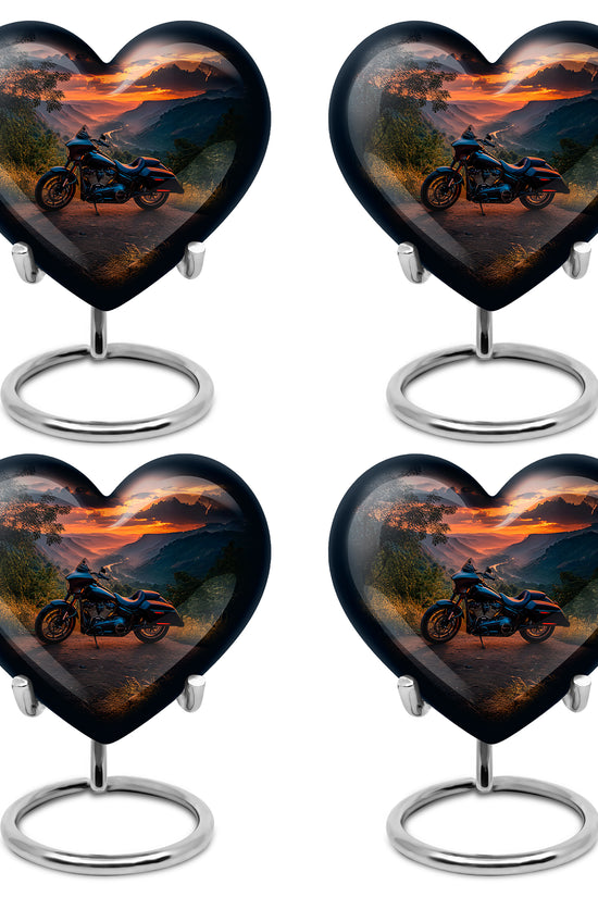 Azure Bike Cremation Urn angled view of lid and engraved motif - loving heart memorial featuring bike pattern - 10 inch aluminum urn for cremated remains