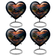 Azure Bike Cremation Urn angled view of lid and engraved motif - loving heart memorial featuring bike pattern - 10 inch aluminum urn for cremated remains