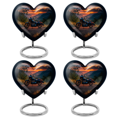 Azure Bike Cremation Urn angled view of lid and engraved motif - loving heart memorial featuring bike pattern - 10 inch aluminum urn for cremated remains