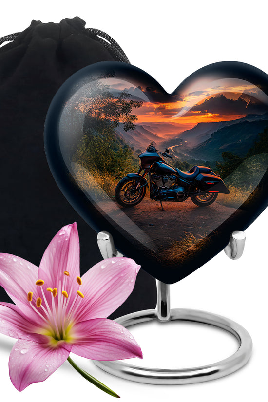 Powder Blue Bike Cremation Urn detail view - loving heart memorial featuring bike pattern - full-size 10 inch 200 cubic inch adult cremation urn