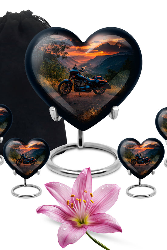 Pastel Blue Bike Cremation Urn close-up of engraving and surface detail - loving heart memorial featuring bike pattern - memorial set with one large and four small urns