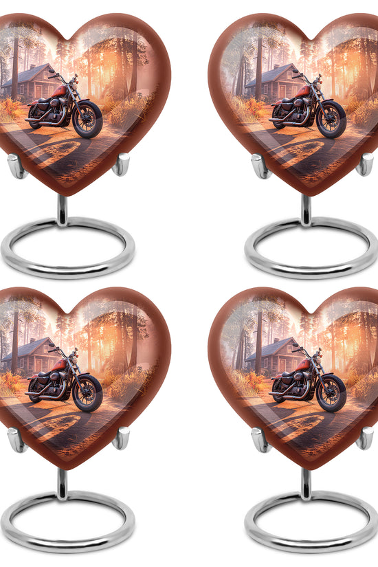 Fiery Red Bike Cremation Urn angled view of lid and engraved motif - romantic heart urn with bike motif on aluminum - 10 inch aluminum urn for cremated remains