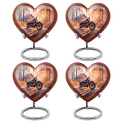Fiery Red Bike Cremation Urn angled view of lid and engraved motif - romantic heart urn with bike motif on aluminum - 10 inch aluminum urn for cremated remains
