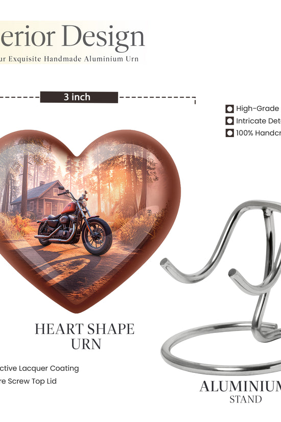 Crimson Red Bike Cremation Urn front view showing detailed design - loving heart memorial featuring bike pattern - mini keepsake memorial for portion of cremation ashes